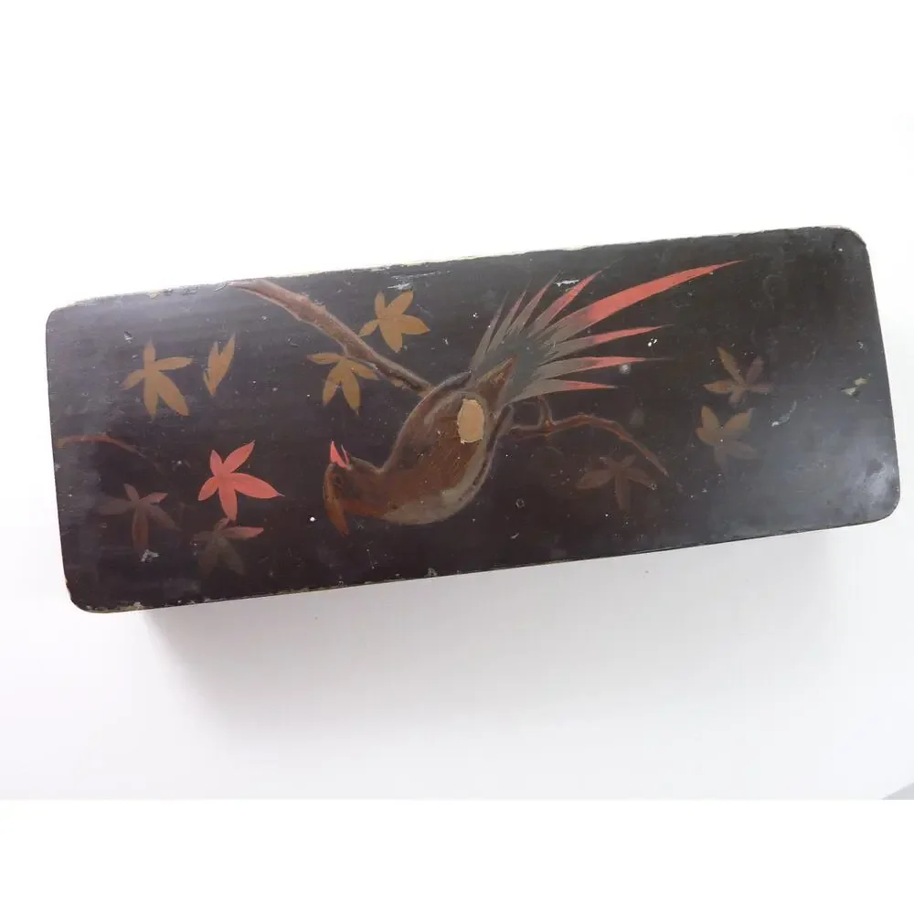 Antique Japanese Meiji Lacquer Fude bako Brush Box Hand Painted Bird Wood Box